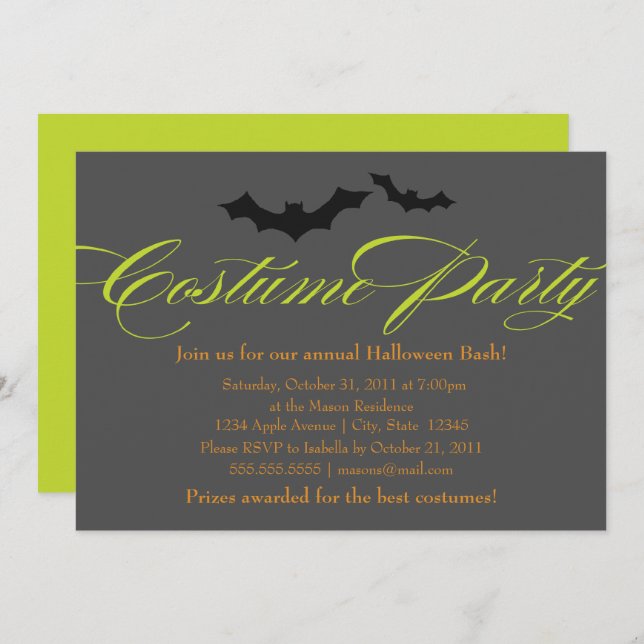 Costume Party Green Script Invitation (Front/Back)