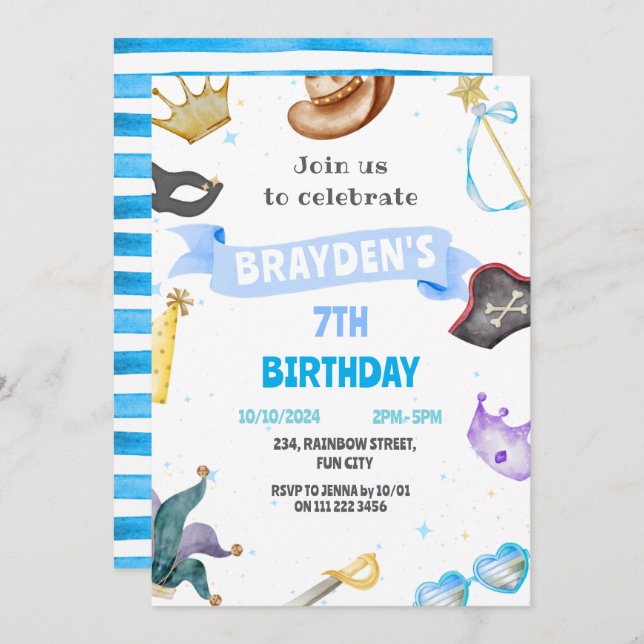 Costume Party Kids Blue Boy Dress Up Birthday Invitation (Front/Back)