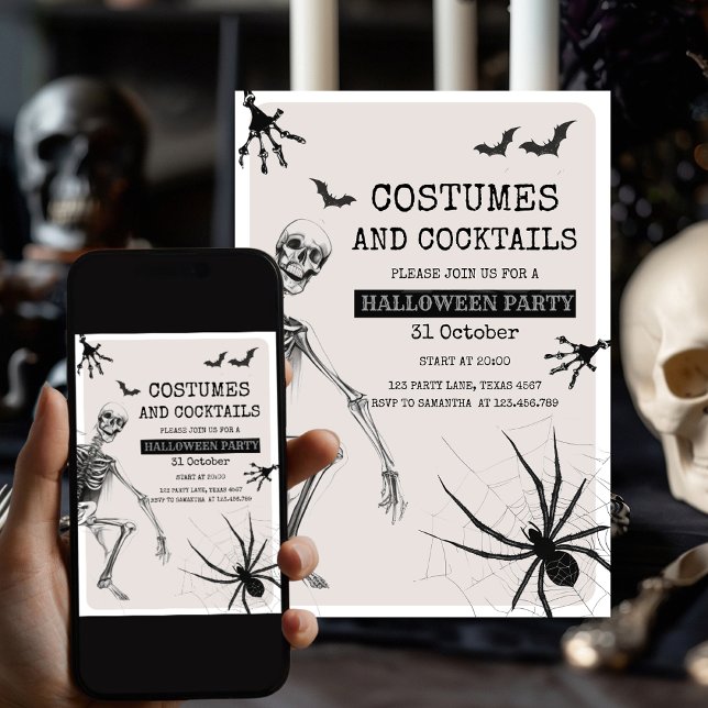 Costumes and Cocktails Scary Party with Skeleton Holiday Card (Creator Uploaded)