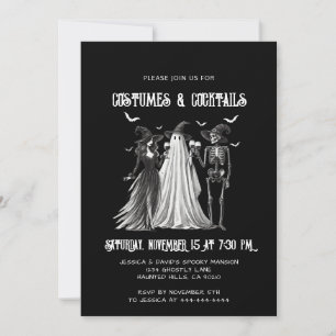 Costumes & Cocktails Black White Halloween Party Invitation