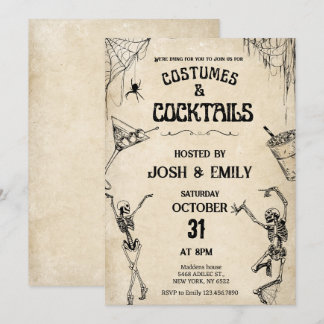 Costumes & Coctails Vintage skeletons Halloween Invitation