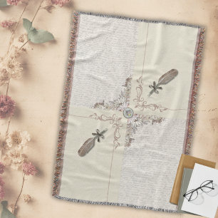 Cosy Aged Ivory Vintage Manuscript Woven Fringe Throw Blanket