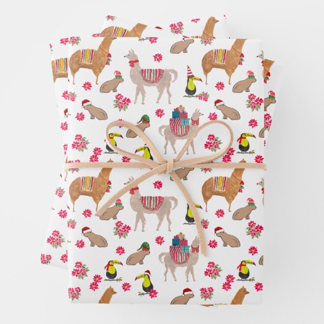 Cosy Alpaca Capybara Llama Hand-Illustrated Wrapping Paper Sheet (In situ)