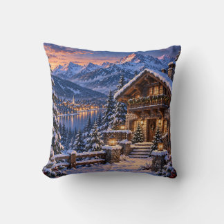 Cosy Alpine Winter Chalet Mountain Throw Pillow