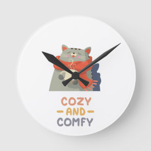 Cosy and Comfy Cat Orange Scarf Winter Warm Cute Round Clock