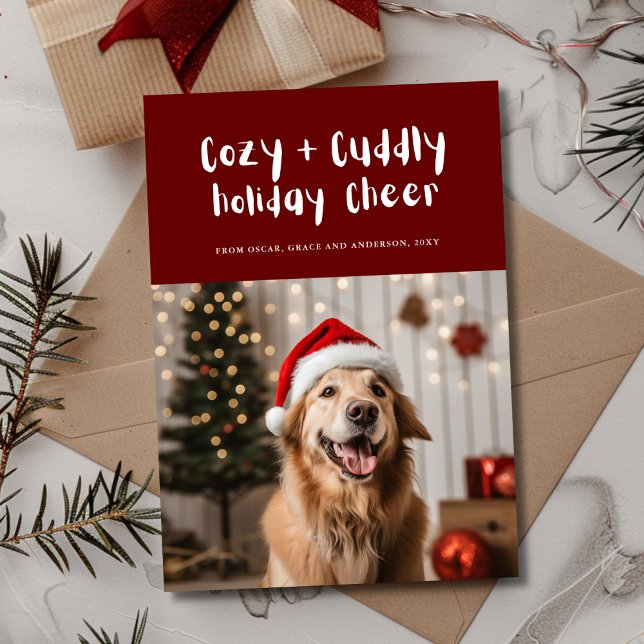 Cosy and Cuddly Cheer Burgundy Pet Family Photo Holiday Card (Creator Uploaded)