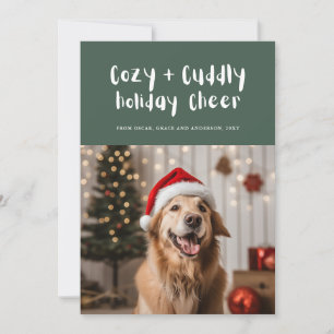 Cosy and Cuddly Cheer Green Cute Pet Family Photo Holiday Card