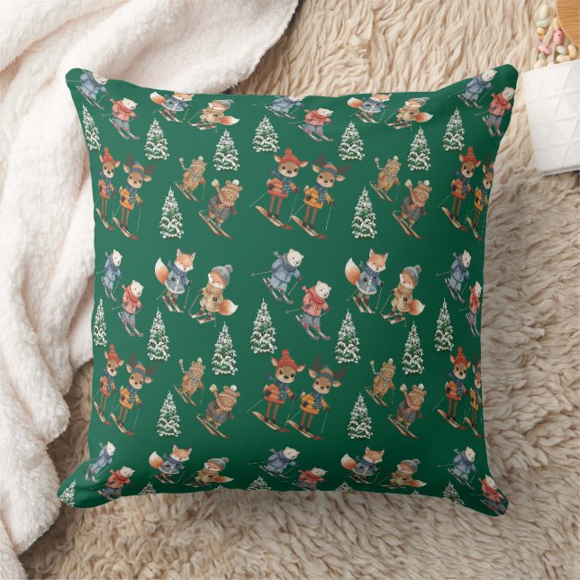 Cosy Animals Skiing Throw Pillow (Blanket)