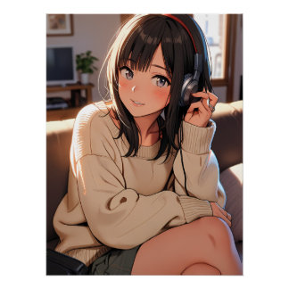 Cosy Anime Girl Headphones Music Aesthetic Art Poster