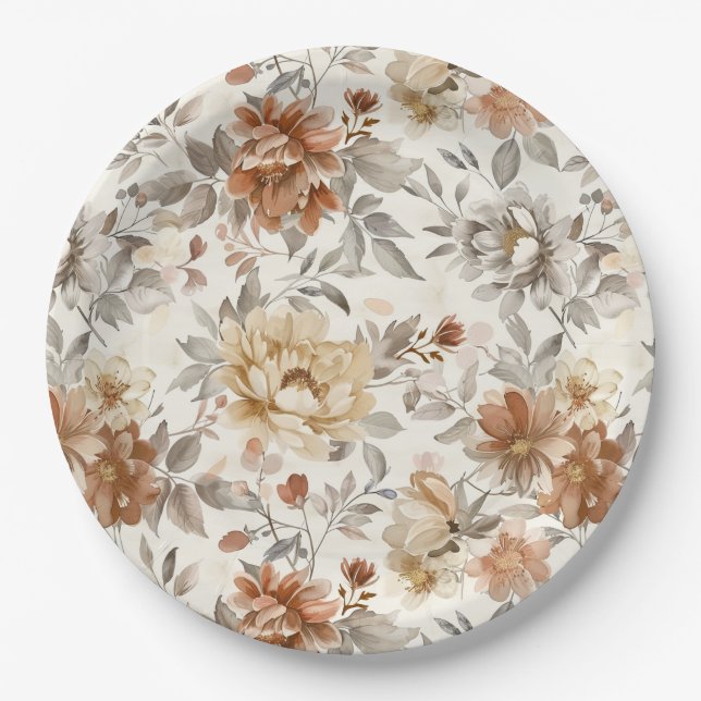 Cosy Autumn Aesthetic Fall Floral Pattern Paper Plate (Front)
