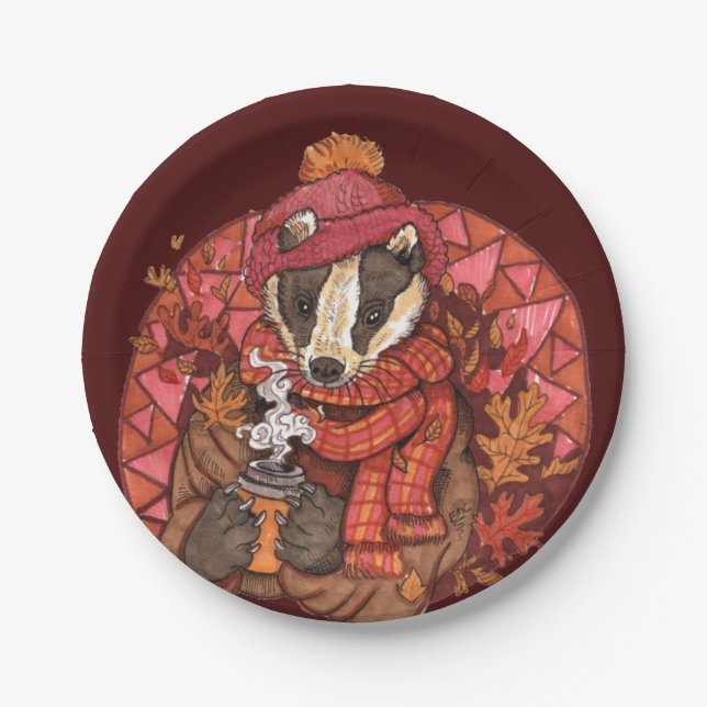 Cosy Autumn Badger Art Paper Plates (Front)