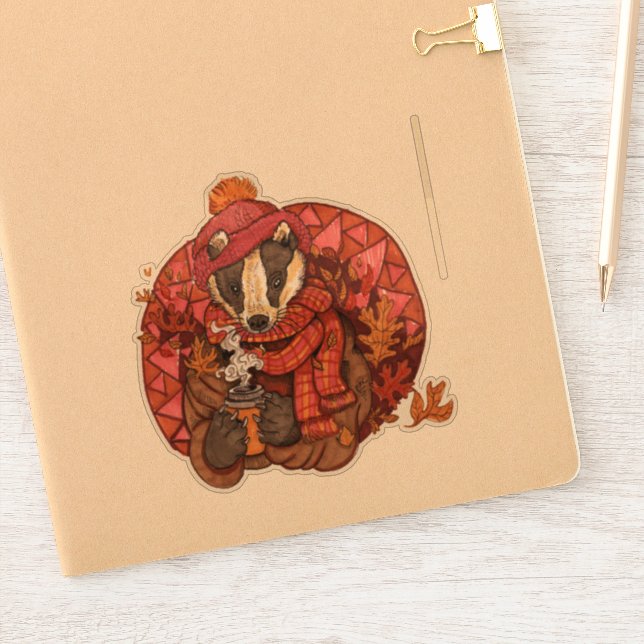 Cosy Autumn Badger Art Sticker (Notebook)
