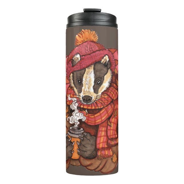 Cosy Autumn Badger Thermal Tumbler (Front)