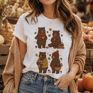 Cosy Autumn Bears Cottagecore Forest Illustration T-Shirt