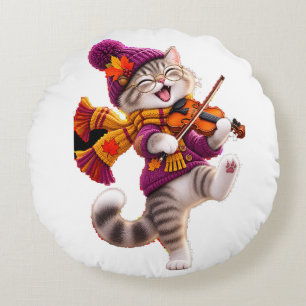 Cosy Autumn Cat Violin Round Cushion