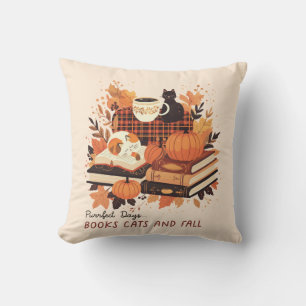 Cosy Autumn Cats & Books Throw Pillow – Fall Decor