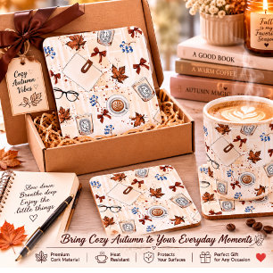 Cosy Autumn Coffee & Books Cork Coaster Rustic F