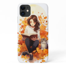 Cosy Autumn days Girl reading with cat Fall