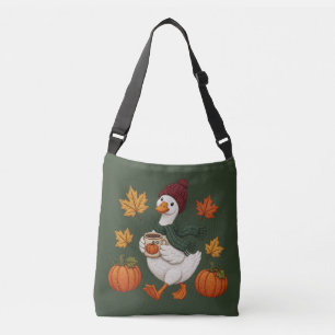 Cosy Autumn Duck with Pumpkin Coffee Fall Leaves Crossbody Bag