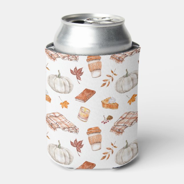 Cosy Autumn Essentials Watercolor Pattern Can Cooler (Can Front)