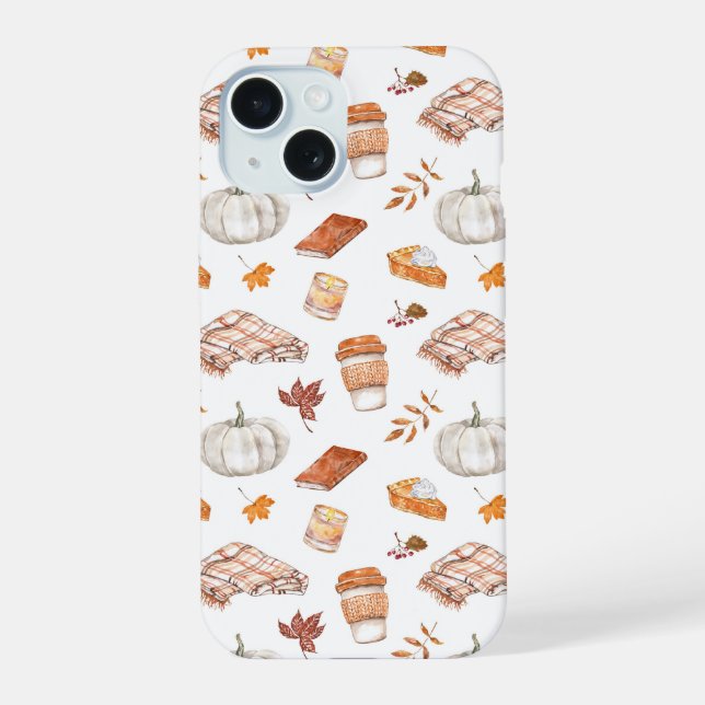 Cosy Autumn Essentials Watercolor Pattern iPhone 15 Case (Back)