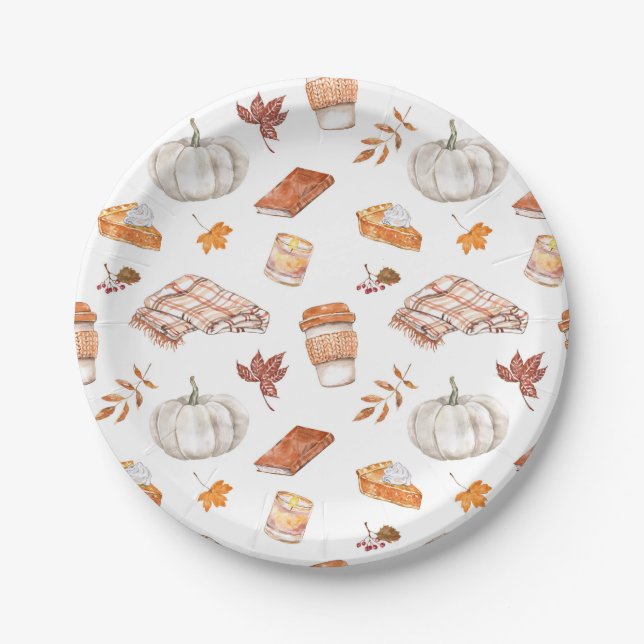 Cosy Autumn Essentials Watercolor Pattern Paper Plate (Front)