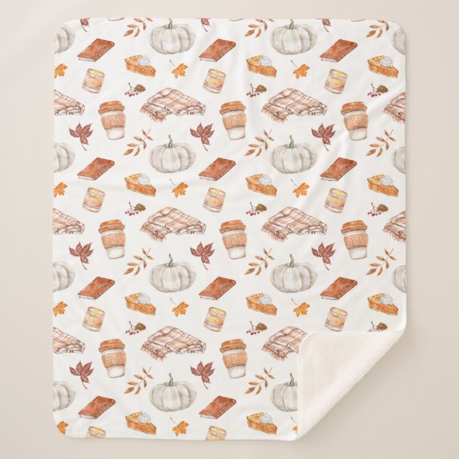 Cosy Autumn Essentials Watercolor Pattern Sherpa Blanket (Front)