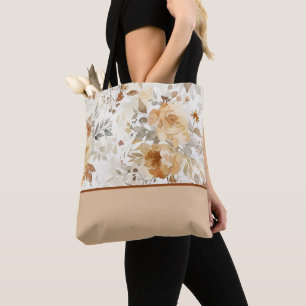 Cosy Autumn Floral Botanical Print Colour Block Tote Bag