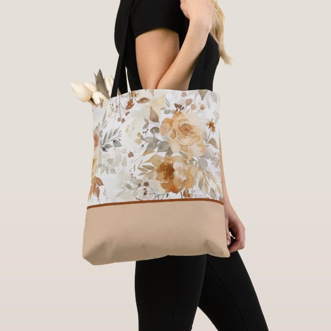 Cosy Autumn Floral Botanical Print Colour Block Tote Bag (Close Up)