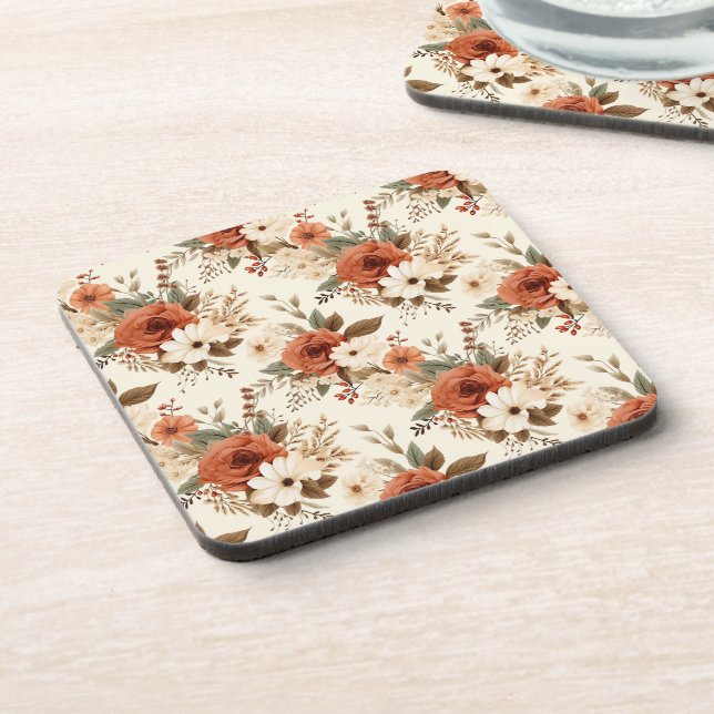 Cosy Autumn Floral Print Digital Art Coaster (Left Side)
