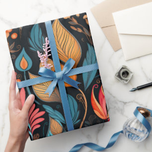 Cosy Autumn Floral Print Digital Folk Art Wrapping Paper