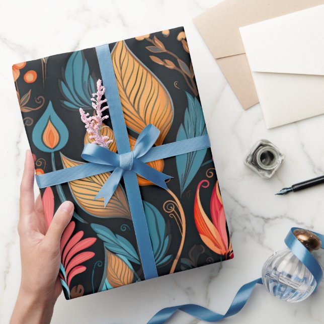 Cosy Autumn Floral Print Digital Folk Art Wrapping Paper (Gifting)