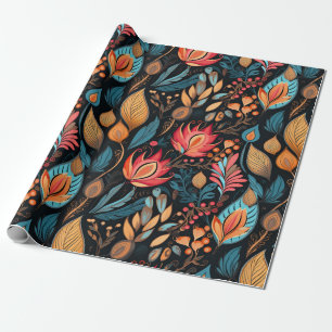 Cosy Autumn Floral Print Digital Folk Art Wrapping Paper