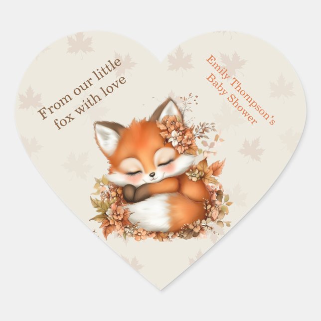 Cosy Autumn Fox Baby Shower Cosy Woodland Party Heart Sticker (Front)