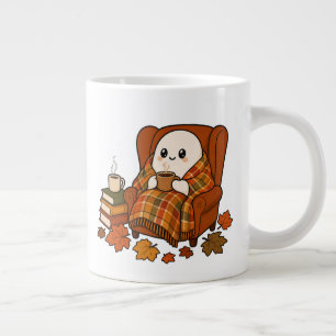 Cosy Autumn Ghost with Coffee   Kawaii Fall Readin Large Coffee Mug