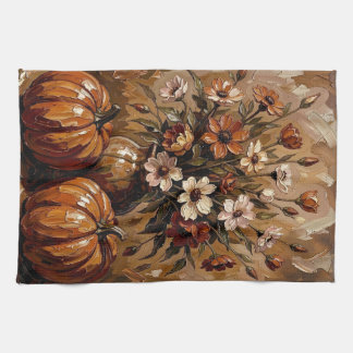 Cosy Autumn Harvest Pumpkins and Flowers Tea Towel