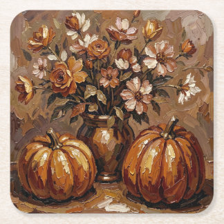 Cosy Autumn Harvest Pumpkins and Roses Square Paper Coaster