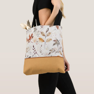 Cosy Autumn Leaves Botanical Print Colour Block Tote Bag
