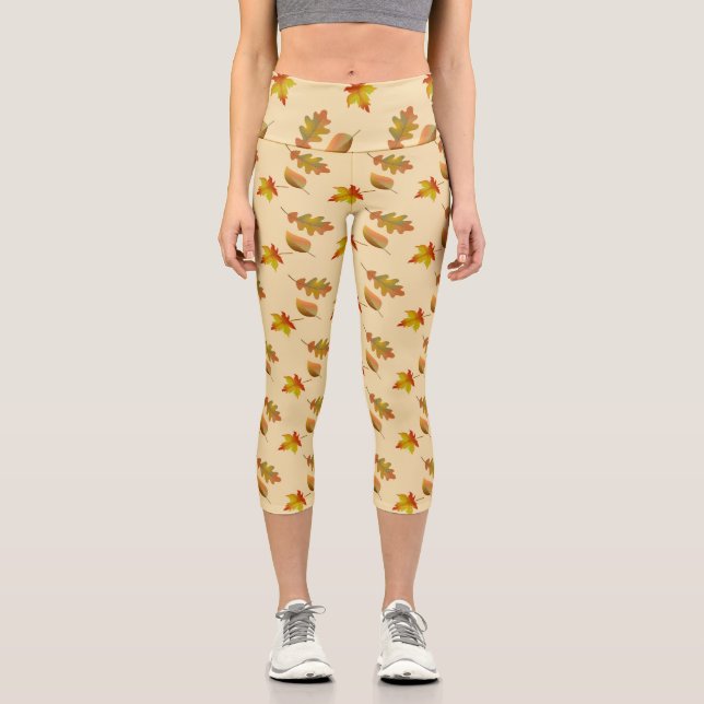 Cosy autumn maple leaves oak leaves   capri leggings (Front)