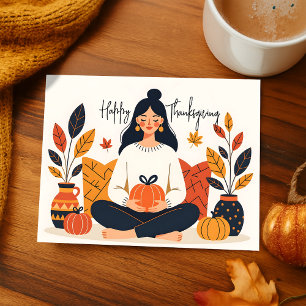 Cosy Autumn Meditation Woman Pumpkin Thanksgiving Holiday Postcard