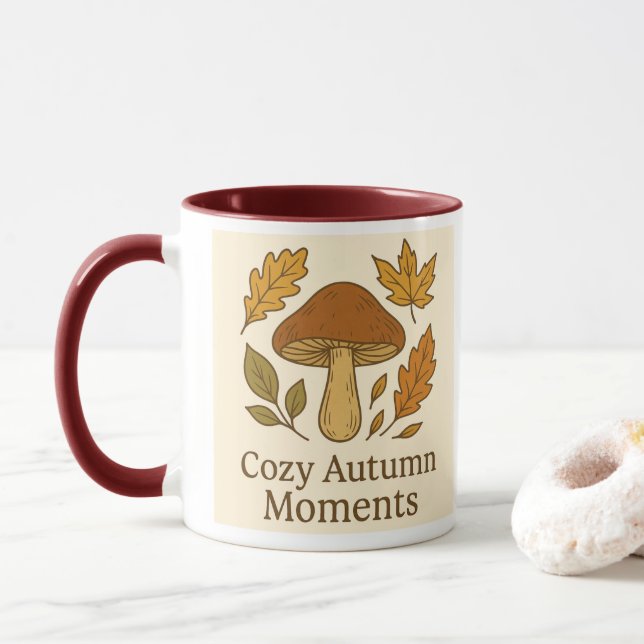 Cosy Autumn Moments Mug | Mushroom & Fall Leaves D (With Donut)