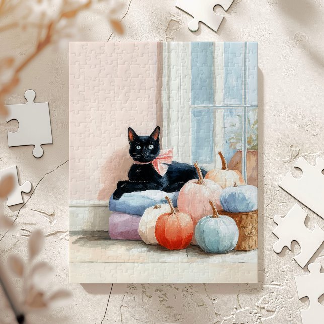 Cosy Autumn Pastel Pumpkins Black Cat Jigsaw Puzzle (Creator Uploaded)