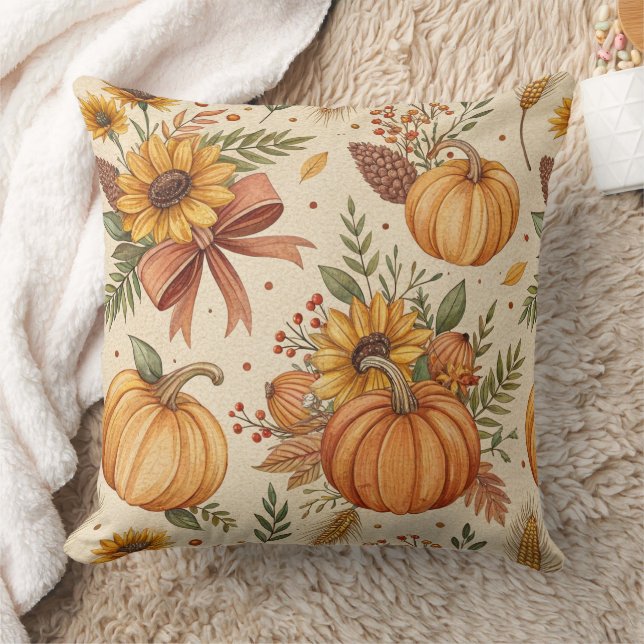 Cosy Autumn Pumpkin and Sunflower Pattern Cushion (Blanket)