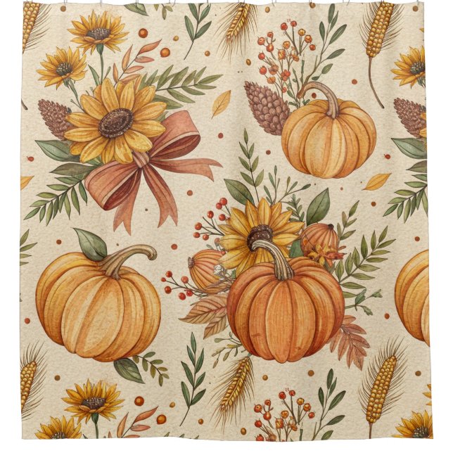 Cosy Autumn Pumpkin and Sunflower Pattern Shower Curtain (Front)