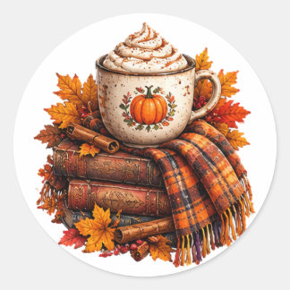 Cosy Autumn Pumpkin Latte Books Design Classic Round Sticker