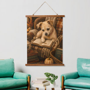 Cosy Autumn Reads Cute Book Lover Puppy Hanging Tapestry