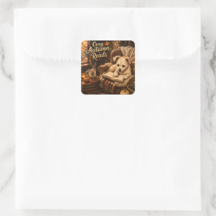 Cosy Autumn Reads Cute Book Lover Puppy Square Sticker