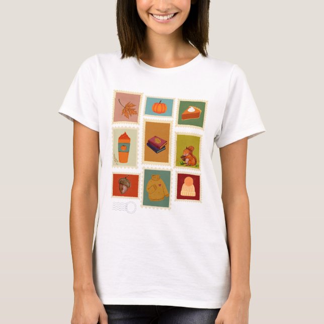 Cosy Autumn Stamp Collage Fall Aesthetic T-Shirt (Front)