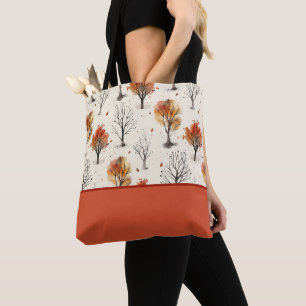 Cosy Autumn Trees Botanical Print Colour Block Tote Bag