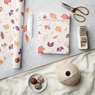 Cosy Autumn Watercolor Leaves & Acorns Pattern Wrapping Paper